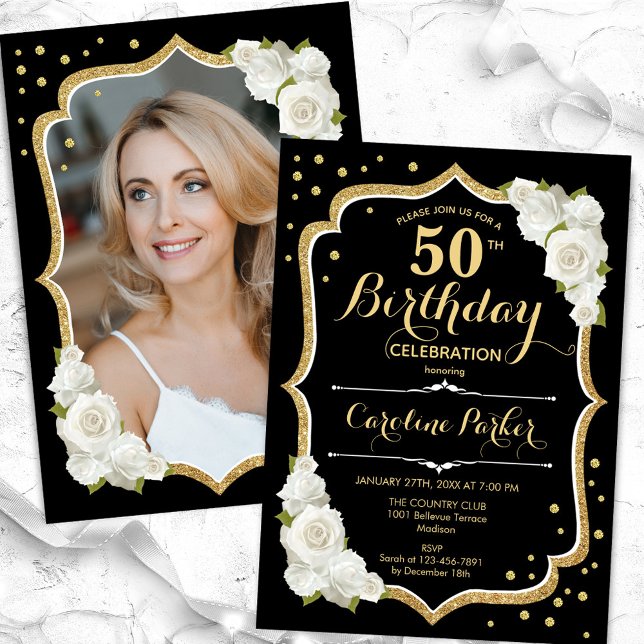 Invitación Elegante foto blanca de oro negro 50 cumpleaños (Subido por el creador)