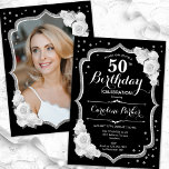 Invitación Elegante foto blanca de plata negra 50 cumpleaños<br><div class="desc">Elegante invitación floral de 50 años con tu foto al fondo de la tarjeta. Diseño en blanco y negro de cristal con una falsa plata purpurina. Cuenta con rosas blancas, fuente de guión y confeti. Perfecto para un elegante fiesta de celebración de cumpleaños. Personaliza con tus propios detalles. ¡Se puede...</div>