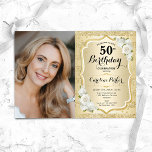 Invitación Elegante foto blanca dorada 50 cumpleaños<br><div class="desc">Elegante invitación de 50 años floral femenina con tu foto. Diseño de vidrio con oro falso purpurina. Presenta rayas, rosas blancas, fuente de guión y confeti. Perfecto para un elegante fiesta de celebración de cumpleaños. Personaliza con tus propios detalles. ¡Se puede personalizar para cualquier edad! Invitaciones Zazzle impresas o una...</div>