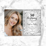 Invitación Elegante foto blanca plateada 50 cumpleaños<br><div class="desc">Elegante invitación de 50 años floral femenina con tu foto. Diseño de vidrio con falsa plata purpurina. Presenta rayas, rosas blancas, fuente de guión y confeti. Perfecto para un elegante fiesta de celebración de cumpleaños. Personaliza con tus propios detalles. ¡Se puede personalizar para cualquier edad! Invitaciones Zazzle impresas o una...</div>