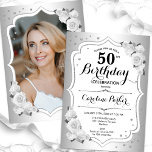 Invitación Elegante foto blanca plateada 50 cumpleaños<br><div class="desc">Elegante invitación de 50 años floral femenina con tu foto al fondo de la tarjeta. Diseño de vidrio con plata falsa. Cuenta con rosas blancas, fuente de guión y confeti. Perfecto para un elegante fiesta de celebración de cumpleaños. Personaliza con tus propios detalles. ¡Se puede personalizar para cualquier edad! Invitaciones...</div>