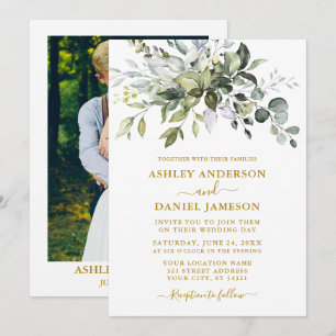 Invitación Elegante Foto Boda de Acuarela Verde Dorado