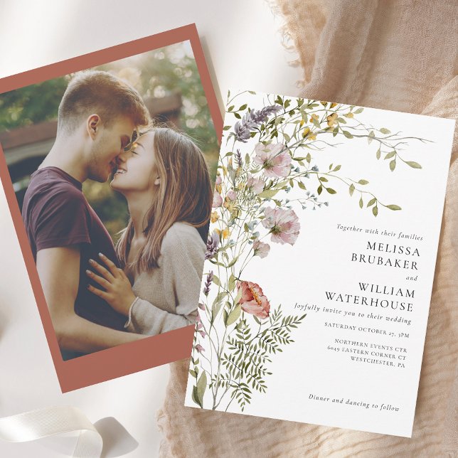 Invitación Elegante foto Boda de Wildflower Boho (Elegant Photo Wildflower Boho Wedding Invitation)