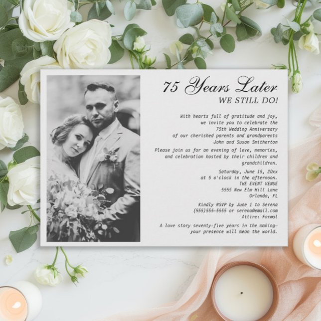 Invitación Elegante foto Boda formal del 75 aniversario (75th wedding anniversary invitation with photo.)