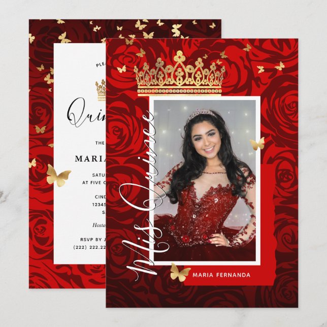 Invitación Elegante foto color rojo dorado Quinceanera (Anverso / Reverso)