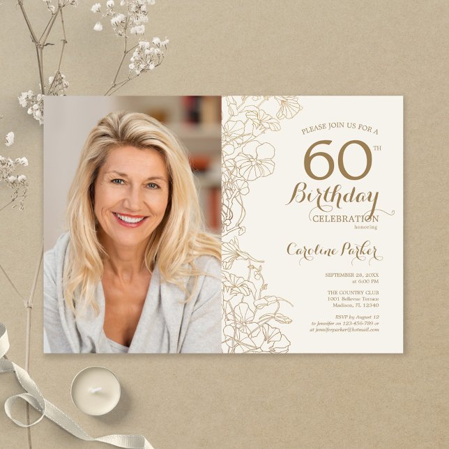 Invitación Elegante foto con flores de oro 60 cumpleaños (Subido por el creador)