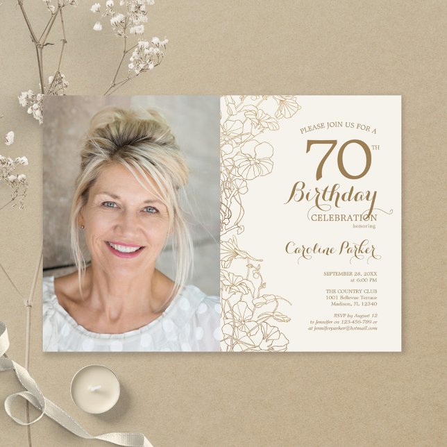 Invitación Elegante foto con flores de oro 70 cumpleaños (Subido por el creador)