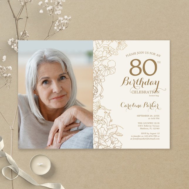 Invitación Elegante foto con flores de oro 80 cumpleaños (Subido por el creador)