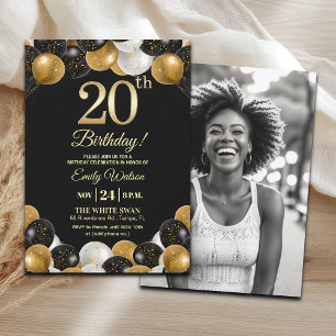 Invitación Elegante Foto Cumpleaños 20 con Brillo Dorado Negr