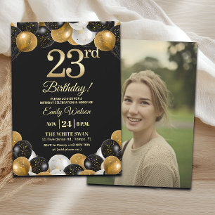 Invitación Elegante Foto Cumpleaños 23 con Brillo Dorado Negr