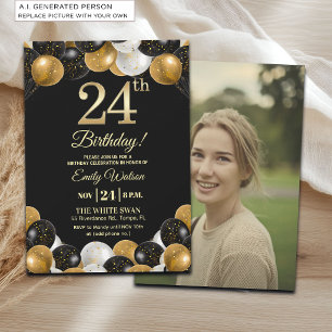 Invitación Elegante Foto Cumpleaños 24 con Brillo de Oro Negr