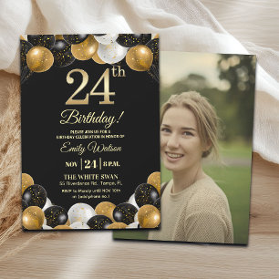 Invitación Elegante Foto Cumpleaños 24 con Brillo de Oro Negr