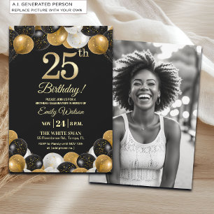 Invitación Elegante Foto Cumpleaños 25 con Brillo Dorado Negr