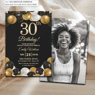 Invitación Elegante Foto Cumpleaños 30 con Brillo Dorado Negr