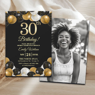 Invitación Elegante Foto Cumpleaños 30 con Brillo Dorado Negr