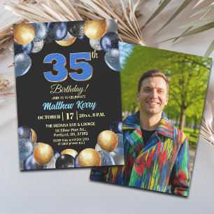 Invitación Elegante Foto Cumpleaños 35 Azul Plata Dorado