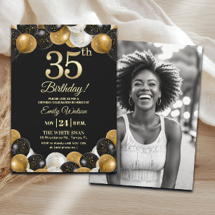 Invitación Elegante Foto Cumpleaños 35 con Brillo de Oro Negr
