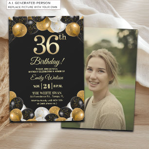 Invitación Elegante Foto Cumpleaños 36 con Brillo de Oro Negr
