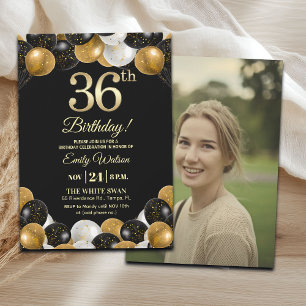 Invitación Elegante Foto Cumpleaños 36 con Brillo de Oro Negr