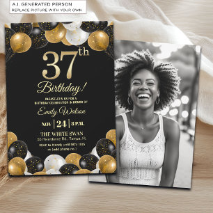 Invitación Elegante Foto Cumpleaños 37 con Brillo Dorado Negr