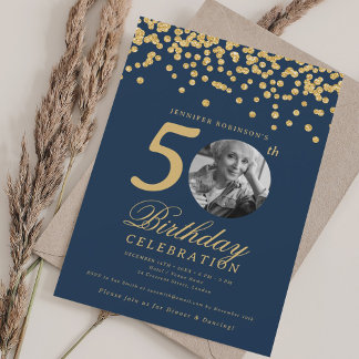 Invitación Elegante foto cumpleaños 50 dorado confeti azul ma