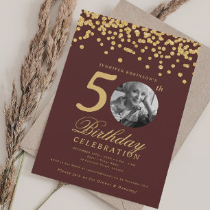 Invitación Elegante foto cumpleaños 50 dorado confeti burdeos