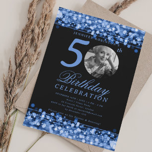Invitación Elegante foto cumpleaños 50 fiesta luces azules ma