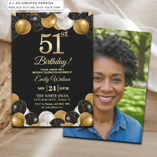Invitación Elegante Foto Cumpleaños 51 con Brillo de Oro Negr