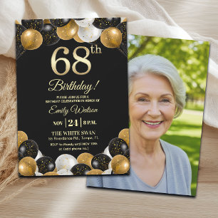 Invitación Elegante Foto Cumpleaños 68 Brillante Oro Negro