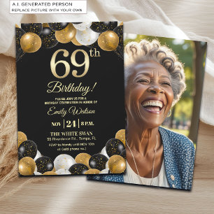 Invitación Elegante Foto Cumpleaños 69 con Brillo de Oro Negr