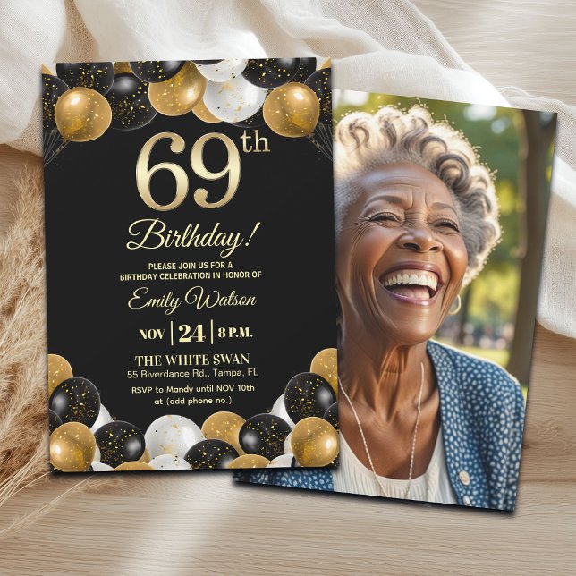 Invitación Elegante Foto Cumpleaños 69 con Brillo de Oro Negr (Subido por el creador)