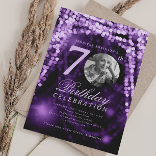 Invitación Elegante foto cumpleaños 70 años luces púrpura gla