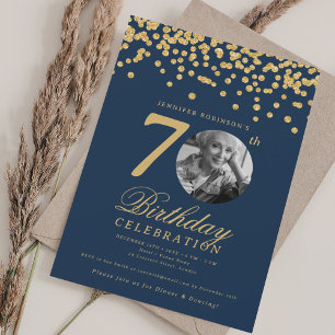 Invitación Elegante foto cumpleaños 70 dorado confeti azul ma