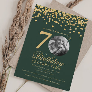 Invitación Elegante foto cumpleaños 70 dorado verde confeti