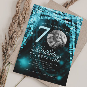 Invitación Elegante foto cumpleaños 70 turquesa luces glamour