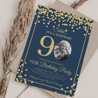 Invitación Elegante foto cumpleaños 90 dorado confeti azul ma