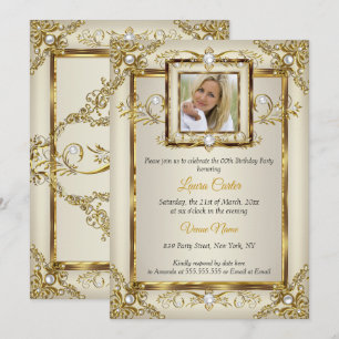 Invitación Elegante Foto Cumpleaños Damasco Perla Crema Oro