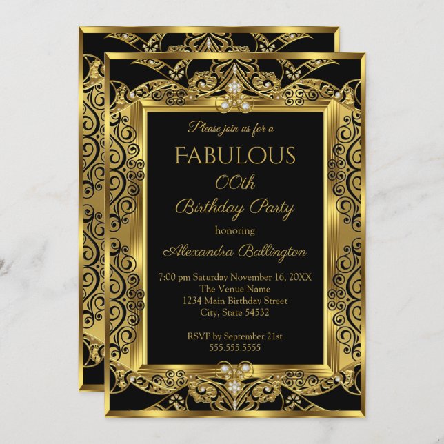 Invitación Elegante Foto Cumpleaños Fiesta Negro Damask Dorad (Anverso / Reverso)