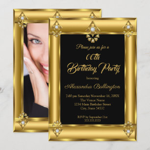 Invitación Elegante foto cumpleaños fiesta negro oro diamante
