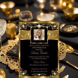 Invitación Elegante Foto Cumpleaños Perla Negro Blanco Oro