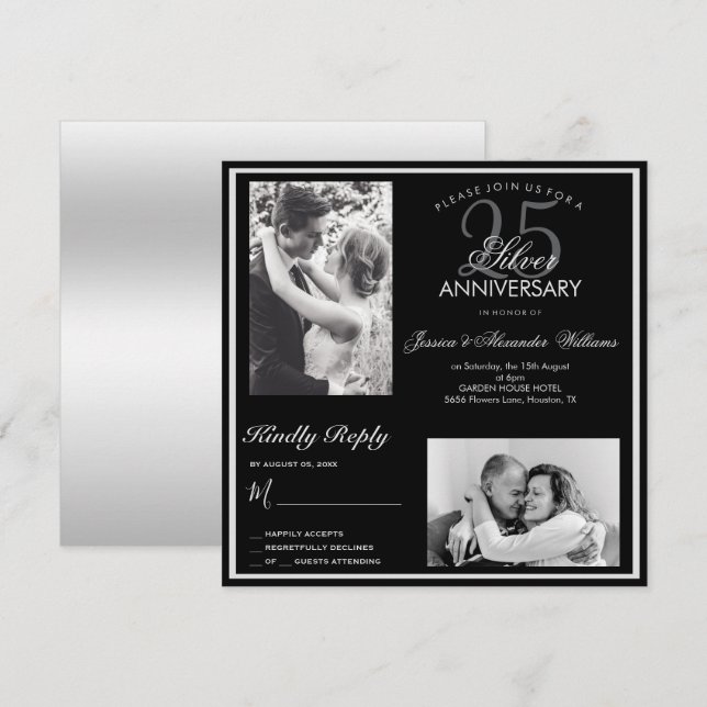 Invitación Elegante foto de 25 años de Boda plateado (Anverso / Reverso)