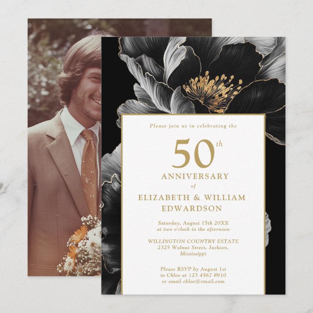 Invitación Elegante foto de 50 años de la floral moderna (Anverso / Reverso)