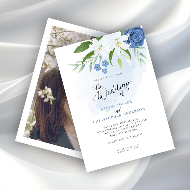 Invitación Elegante foto de acuarela floral azul (Subido por el creador)