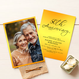 Invitación Elegante foto de aniversario de Boda negro y oro