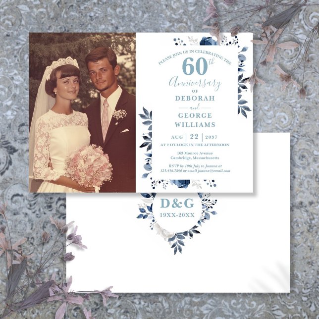 Invitación Elegante foto de aniversario de bodas de 60 años c (Elegant Floral 60th Wedding Anniversary Photo Invitation)