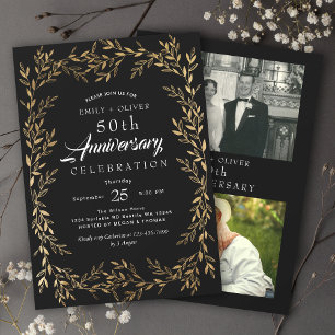 Invitación Elegante foto de Aniversario de la Hoja de Oro Neg