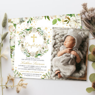 Invitación Elegante foto de bautismo Chica floral de invierno