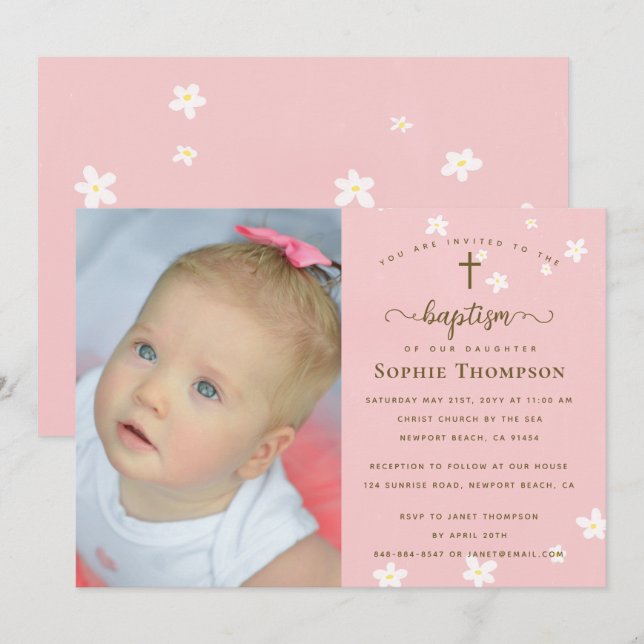Invitación Elegante foto de bautismo Chica rosado (Anverso / Reverso)