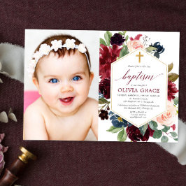 Invitación Elegante foto de bautismo de la marina borgoñona r