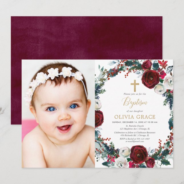Invitación Elegante foto de bautismo de Navidades de oro burd (Anverso / Reverso)
